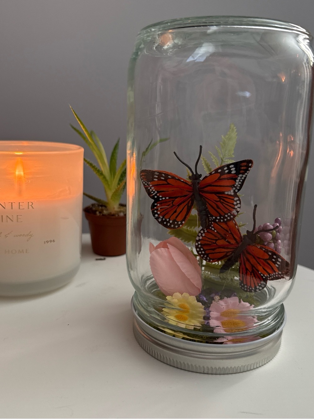 Glass Mason Jar Butterfly Terrarium with Pink and Orange Accents